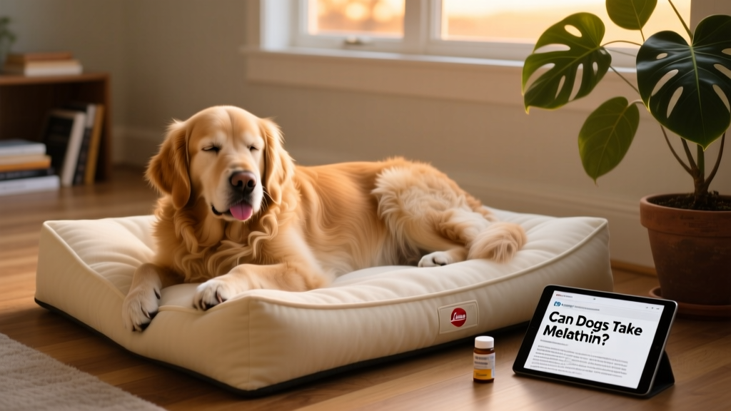 A calm, relaxed dog resting peacefully on a cozy bed at dusk