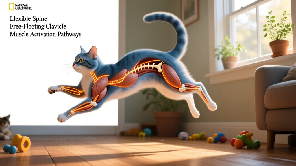 Illustration showing a cat’s body mid-twist during a fall, with labeled anatomical features: flexible spine, free-floating clavicle, and muscle activation pathways