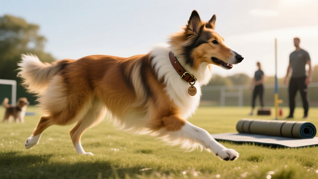 A Smooth Collie mid-stride during a training session, highlighting its athletic build and focused expression