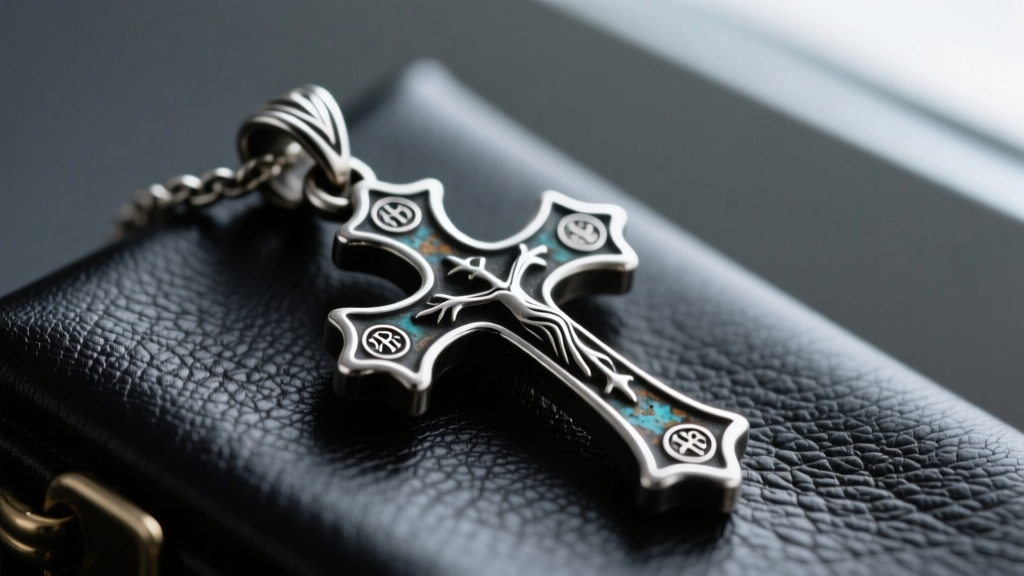 Macro shot of a heavy sterling silver gothic cross pendant on black leather, highlighting deep oxidation and crisp hallmark stamps.