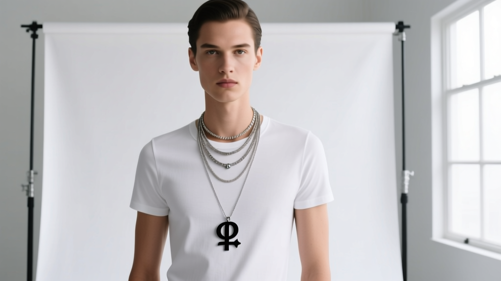 Model wearing a layered stack with a matte black Prince symbol pendant as the lowest piece, against a plain white cotton t-shirt.