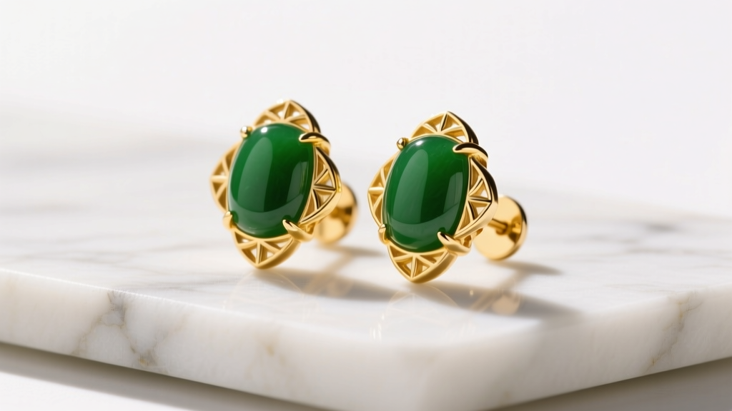 Mid-century carved nephrite jade stud earrings set in 14k yellow gold, photographed on a white marble surface with warm sunlight