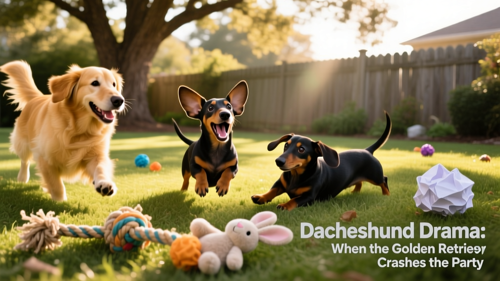 Playful interaction between a Golden Retriever and two Dachshunds in a backyard, with toys scattered nearby and sunlight filtering through trees
