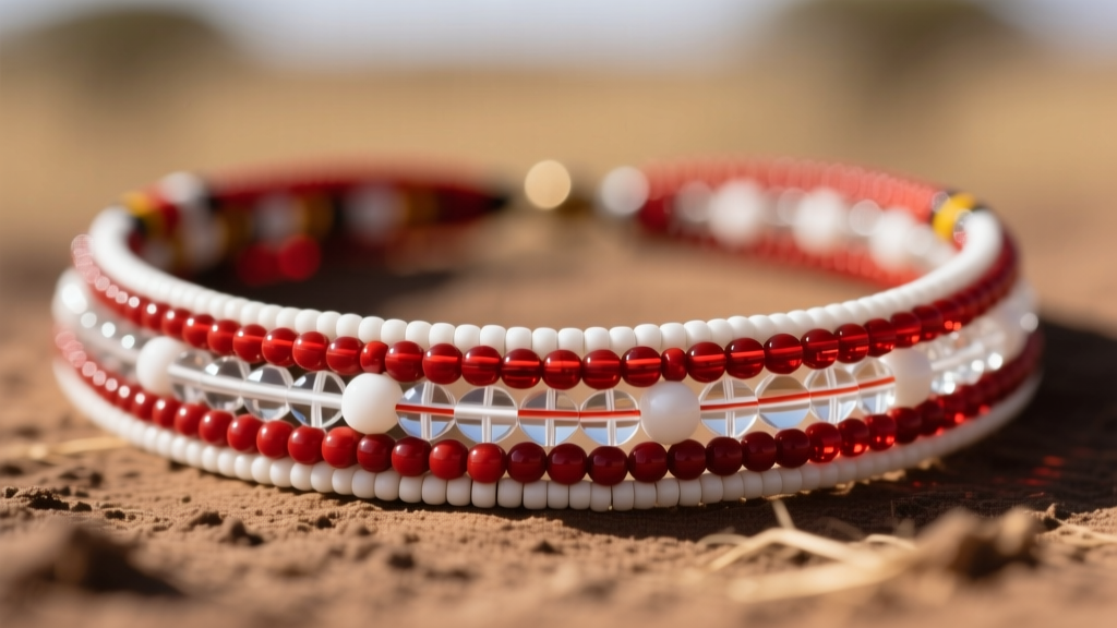 Macro close-up of Czech glass seed beads in a Maasai necklace, showing opaque red and white pigments and tight threading details.
