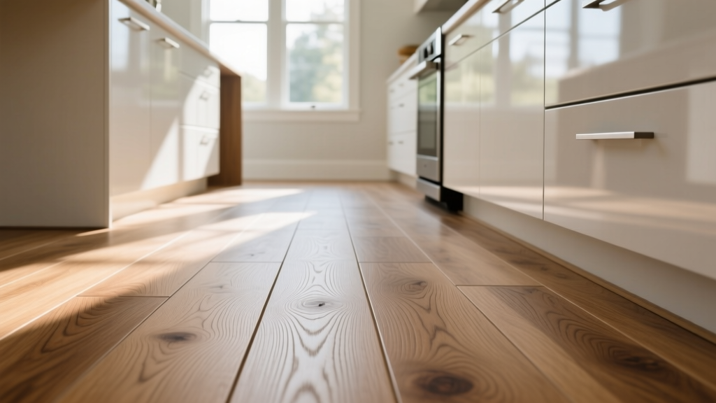 Close-up of luxury vinyl plank flooring with realistic oak wood grain texture installed in a sunlit modern kitchen with white cabinets