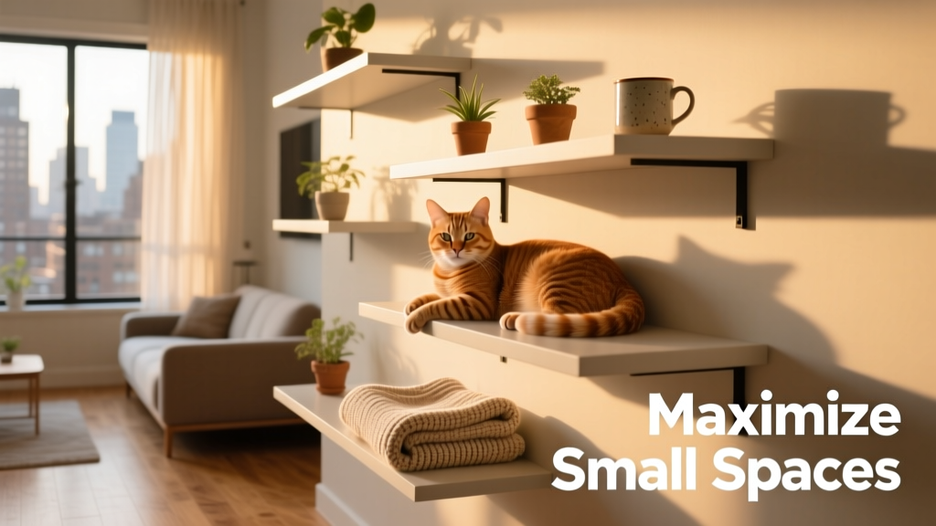 A cat lounging on a series of floating wall shelves near a sunlit window