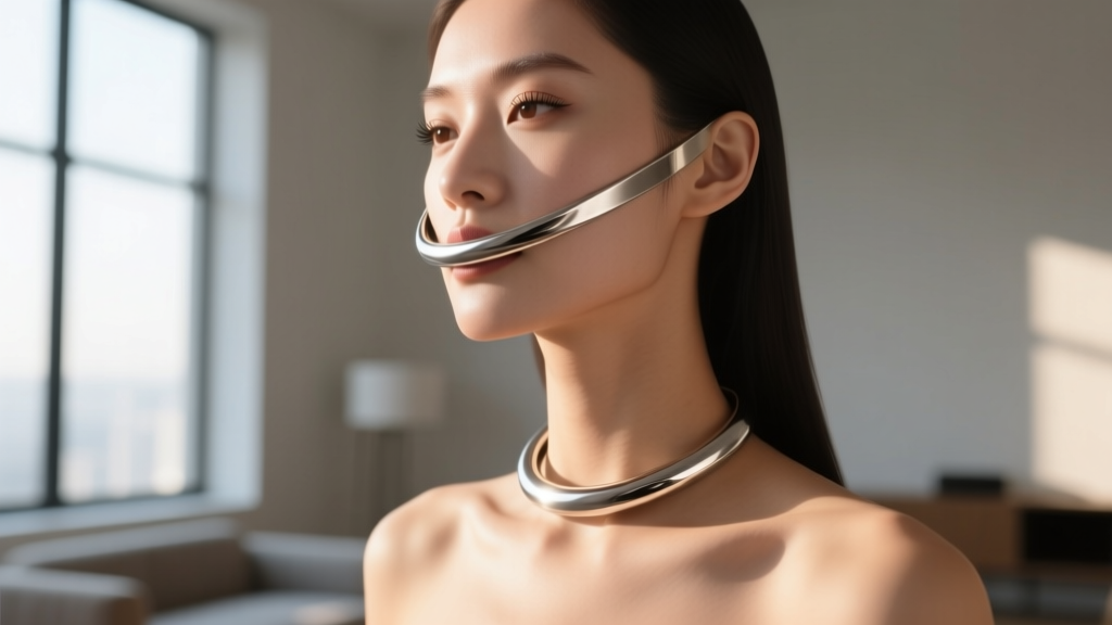 Woman wearing a minimalist titanium breathing tube necklace on her collarbone, soft natural sunlight, cinematic portrait style.