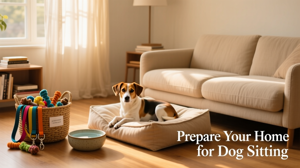 A cozy, well-organized living room with a dog bed beside a sofa, a filled water bowl nearby, and a labeled basket of leashes and toys