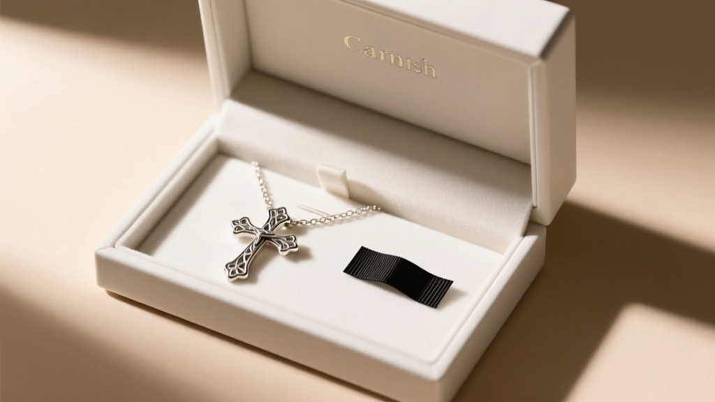 Open anti-tarnish jewelry box displaying a delicate silver cross necklace neatly coiled next to a small black anti-tarnish strip.