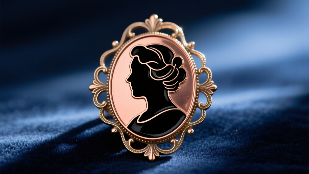 Macro photo of a Victorian silhouette brooch with black enamel profile on copper, set in a pinchbeck frame on dark velvet