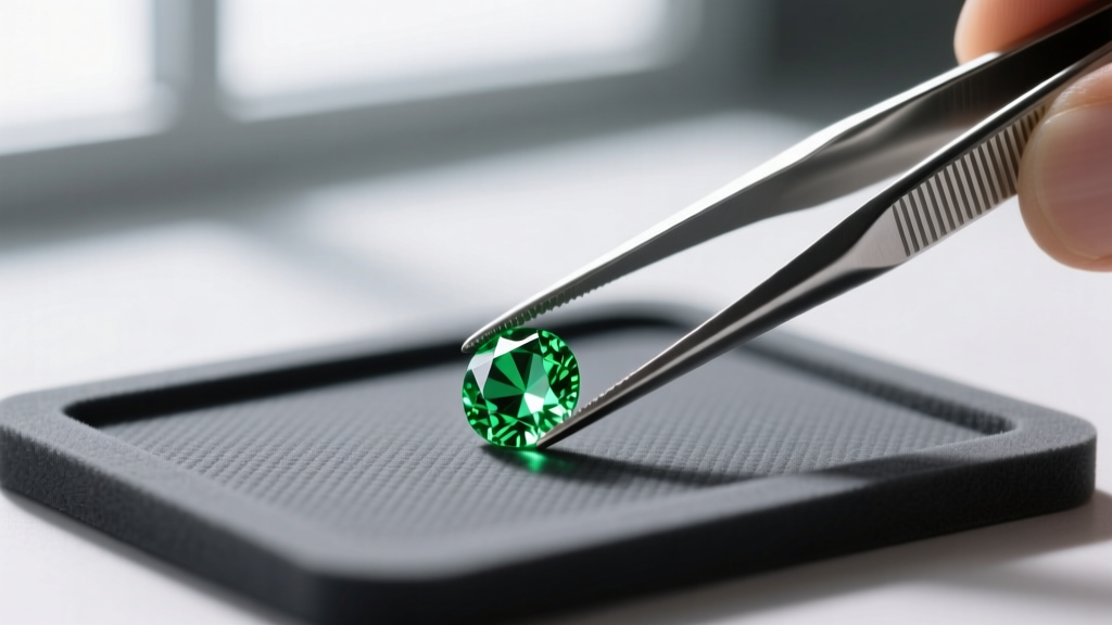 Loupe view of a 2mm chartreuse synthetic spinel melee stone held in titanium tweezers against a dark grey gemological grading mat