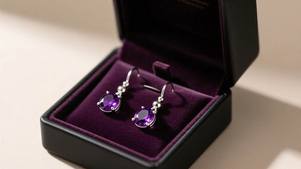 Elegant matte black jewelry box opened to reveal handmade amethyst and silver bead drop earrings resting on a plush velvet insert.