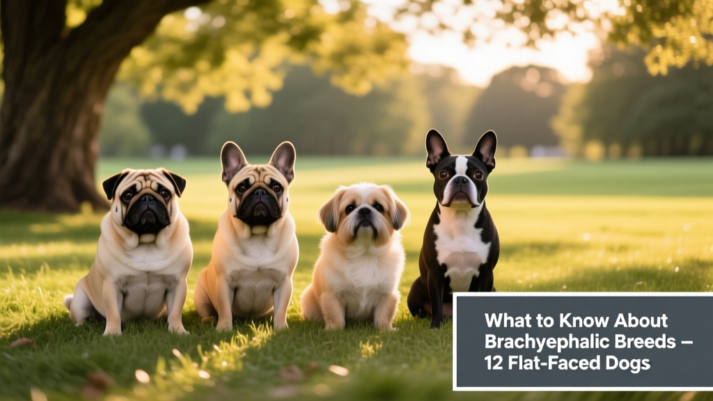 A diverse group of flat-faced dogs—Pug, French Bulldog, Shih Tzu, and Boston Terrier—sitting calmly together on a shaded grassy patch