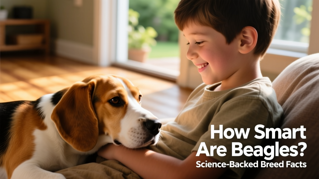 A gentle Beagle resting its head on a child's lap, both looking calm and connected