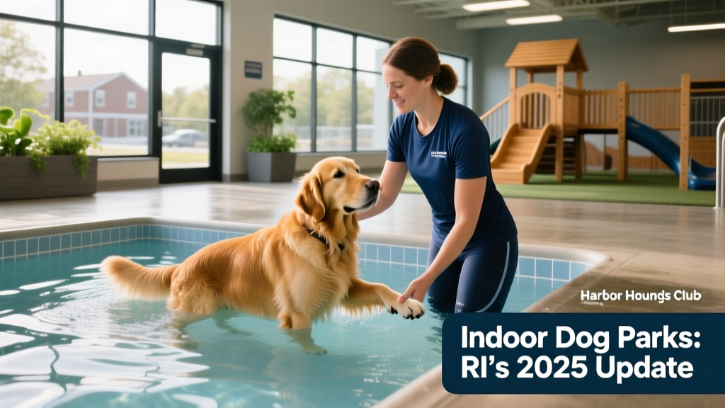 A dog enjoying a hydrotherapy session at Harbor Hounds Club, with a trainer assisting nearby