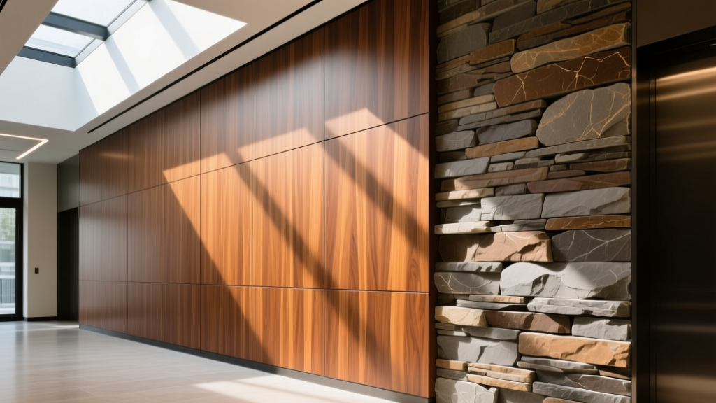 Warm walnut flat-cut wood veneer panels contrasting with rough-hewn stacked stone veneer on a modern commercial lobby feature wall