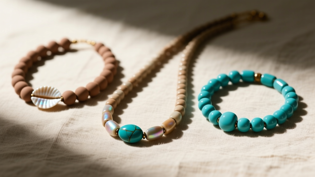 A flat lay of three heishi bead necklaces: polymer clay, matte shell, and polished turquoise, resting on raw linen in soft light