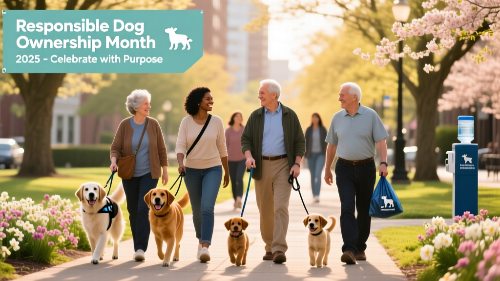 A diverse group of dog owners and their pets participating in a community walk organized by a local animal welfare group