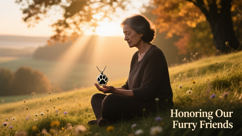 A person sitting peacefully on a grassy hill at sunrise, holding a small engraved paw-print pendant, with soft light filtering through trees