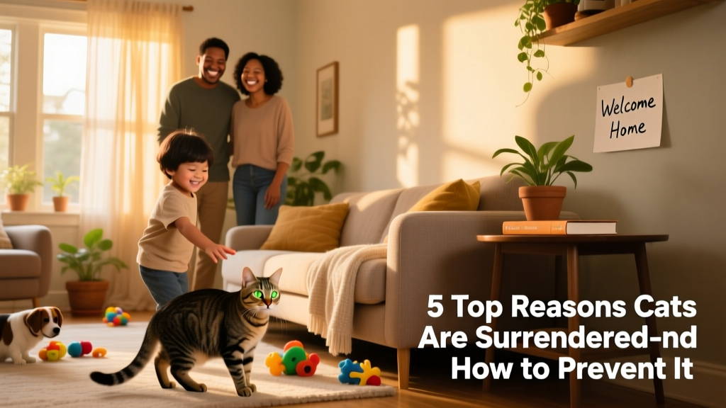 A happy family welcoming a new cat into their home, with the cat calmly exploring a cozy living room