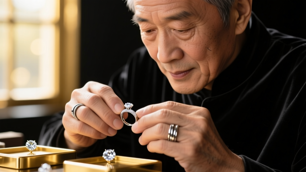 Close-up of a jeweler's loupe inspecting the 925 hallmark on the French wire hook of a sterling silver dangling star earring.
