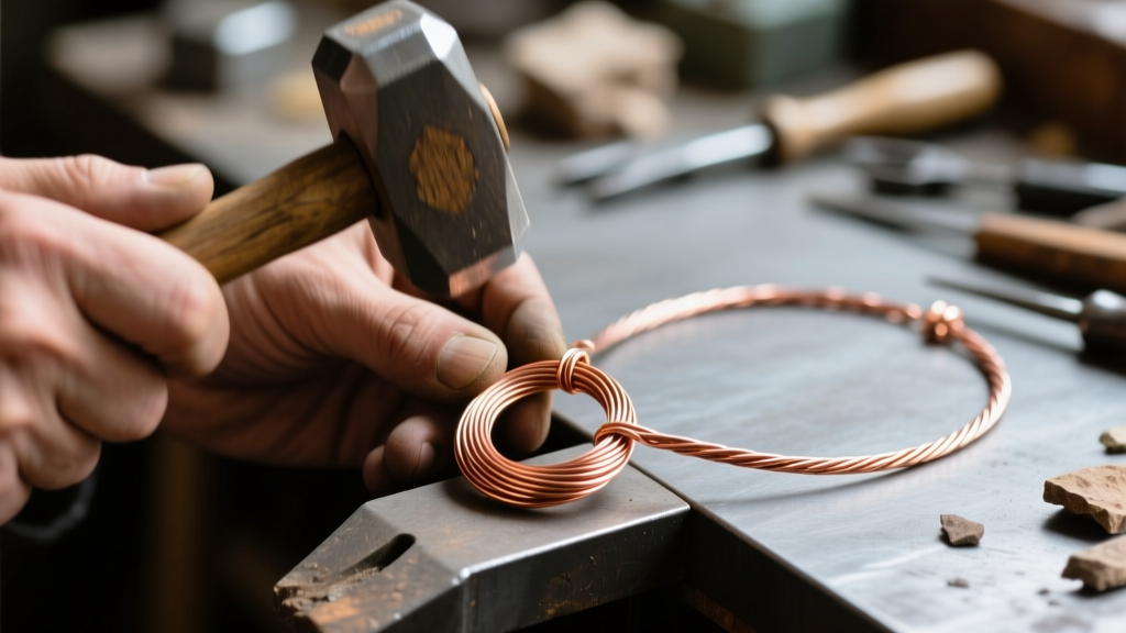 Close-up of hands using a rawhide mallet to shape thick copper wire for a handmade necklace pendant on a steel jeweler's anvil.