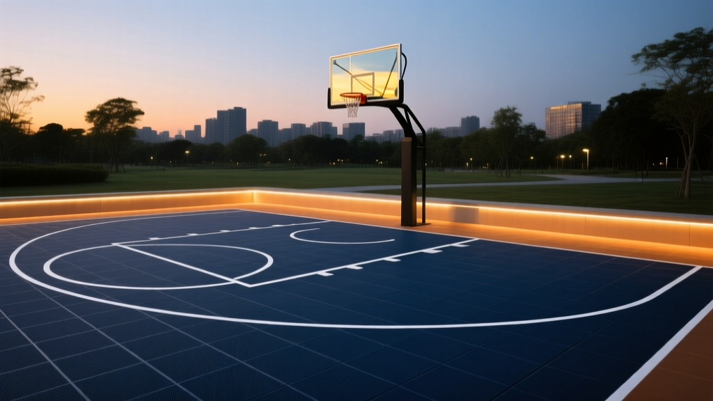 Luxury outdoor basketball court with modular polypropylene tiles, glass backboard, and LED perimeter lighting at dusk