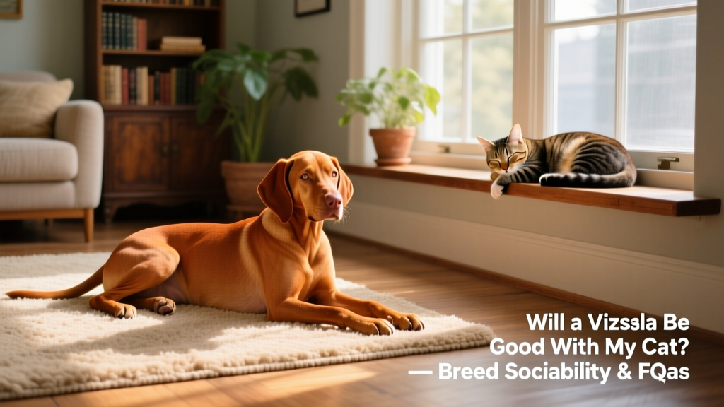 A serene living room scene showing a Vizsla resting quietly near a cat napping on a nearby windowsill