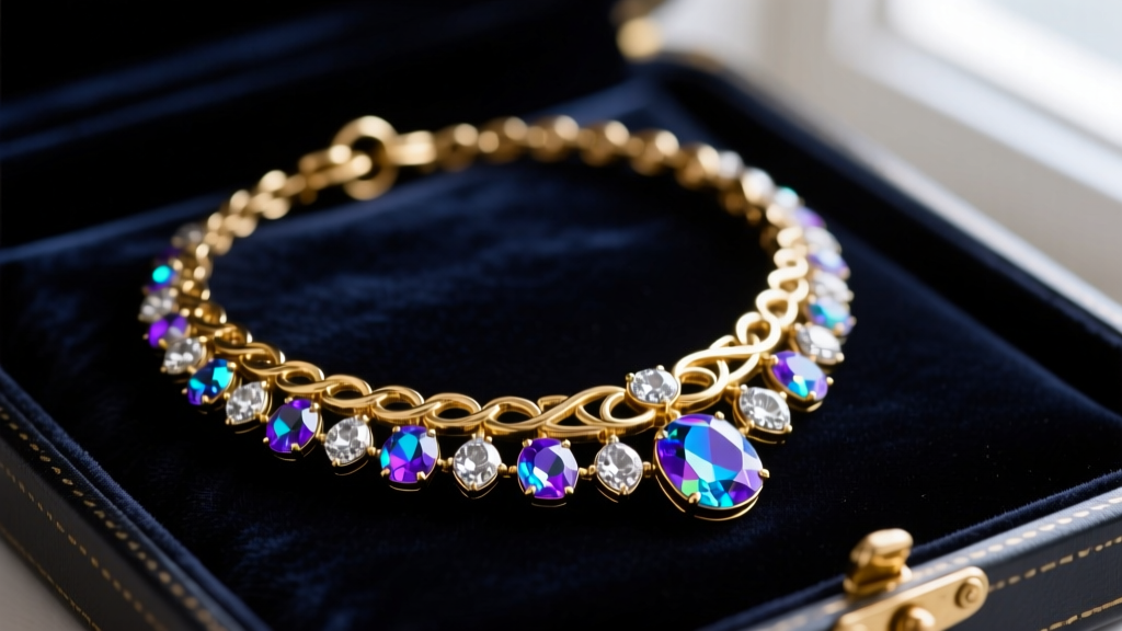 Close-up of a vintage Grosse Germany gold-plated necklace with aurora borealis rhinestones and a box clasp on dark velvet.