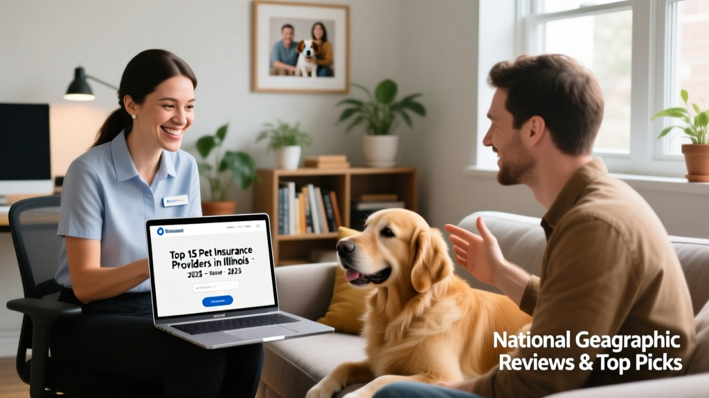 A friendly customer service representative helping a pet owner via video call on a laptop