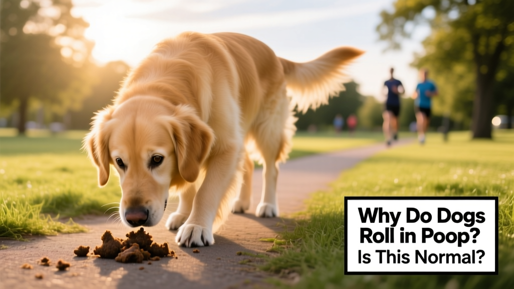 A curious dog sniffing the ground near a pile of feces during a walk