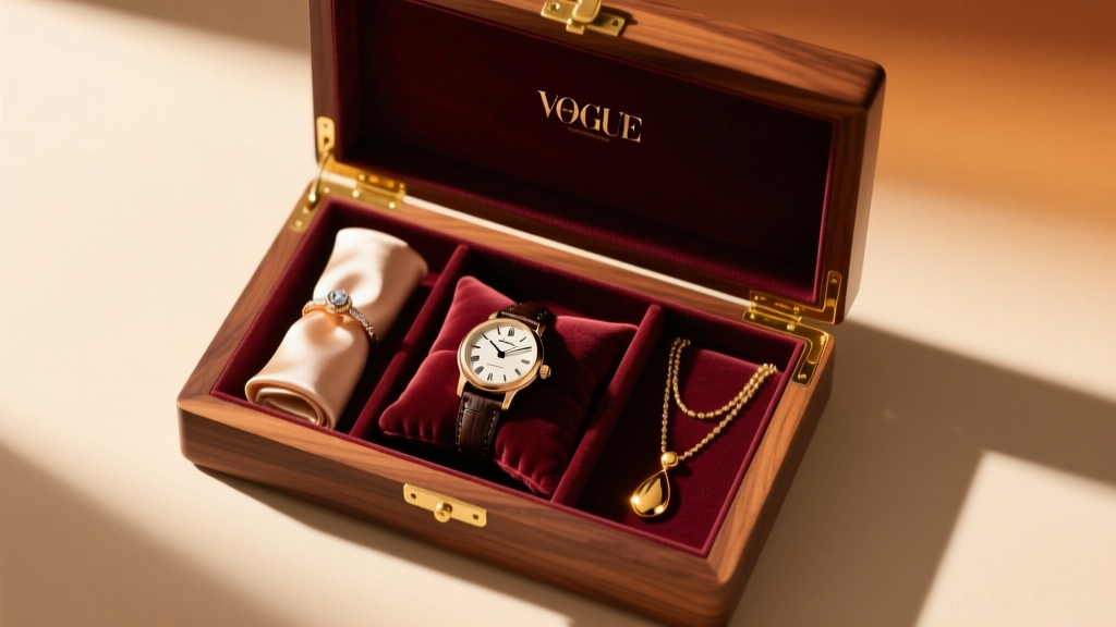 Top-down view of an open walnut jewelry box showing velvet ring rolls, a watch cushion, and necklace drops in warm light