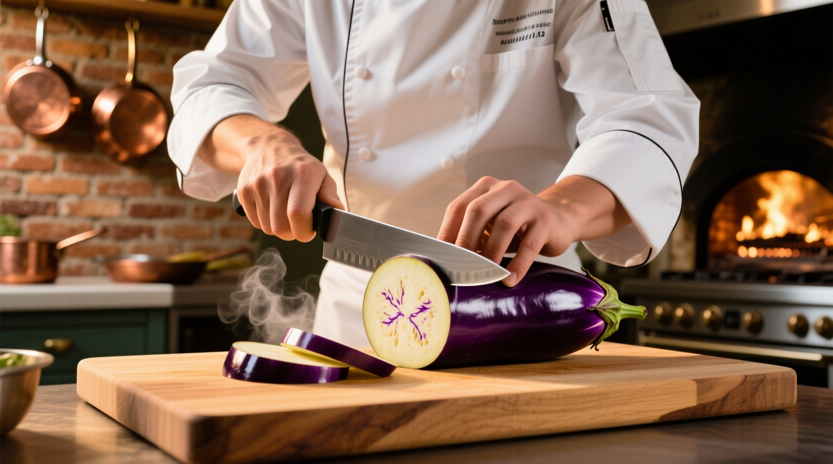 Chef slicing eggplant for roasting