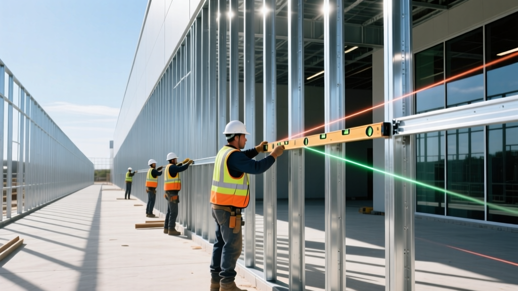 Construction workers installing galvanized steel wall studs and tracks with laser levels on a bright commercial building site.