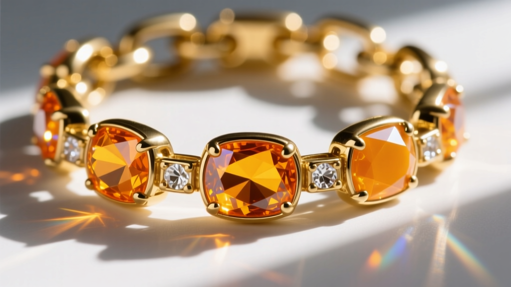 Macro close-up of gold-plated brass links featuring bright marigold epoxy enamel and faceted glass crystals in sunlight