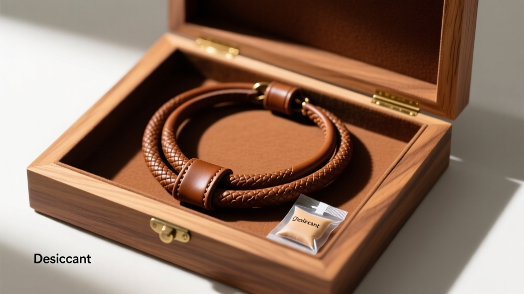 Brown leather adjustable necklace coiled inside a cedar-lined wooden jewelry box next to a small silica gel desiccant packet.