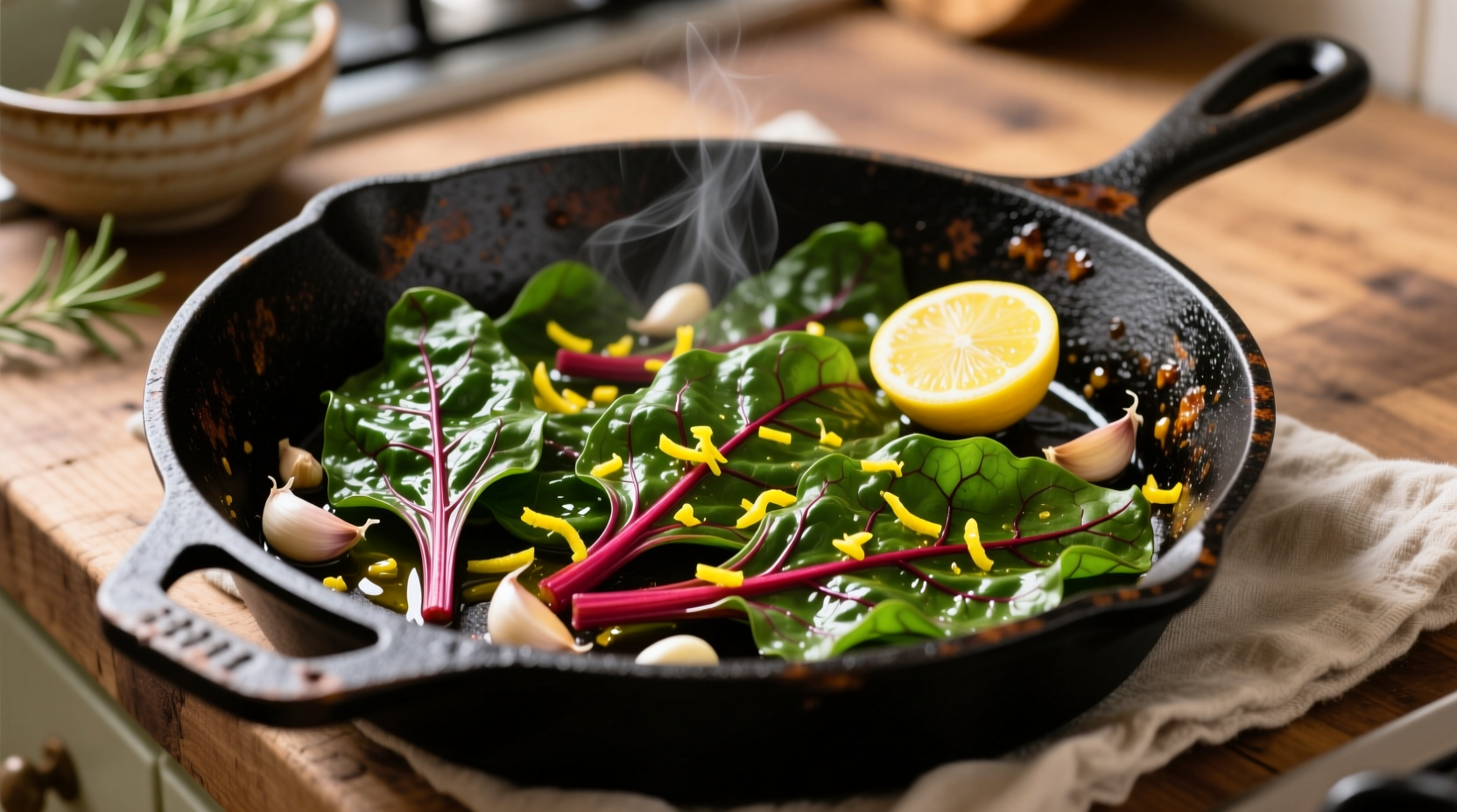 Sautéed beetroot leaves with garlic and lemon zest in cast iron pan