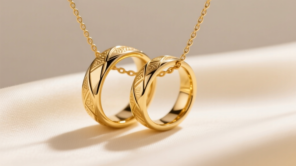 Macro shot of two interlocking 14k yellow gold rings on a delicate cable chain, resting on cream silk with warm studio lighting.