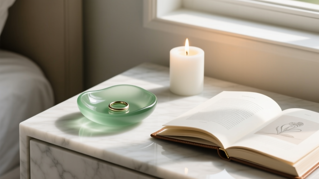 Minimalist bio-resin jewelry ring holder dish in translucent sage green on a marble nightstand next to a lit candle and open book.