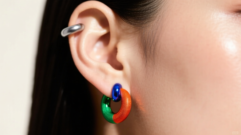 Close-up of a model ear wearing a 12mm colorful huggie hoop earring in the lobe and a 16g anodized titanium hoop in the helix.