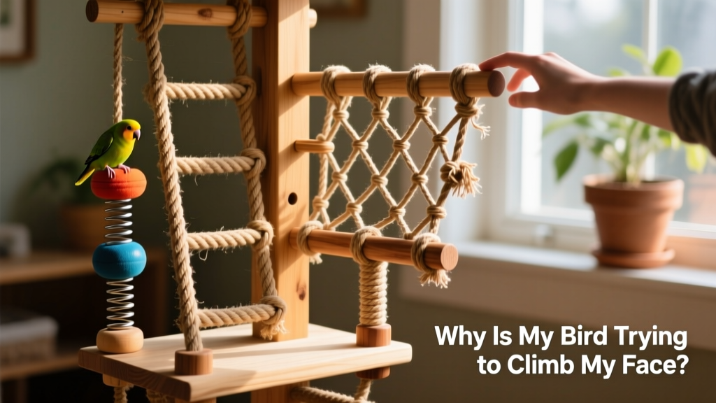 A variety of climbing toys—including rope ladders, boing perches, and woven nets—arranged on a bird playstand