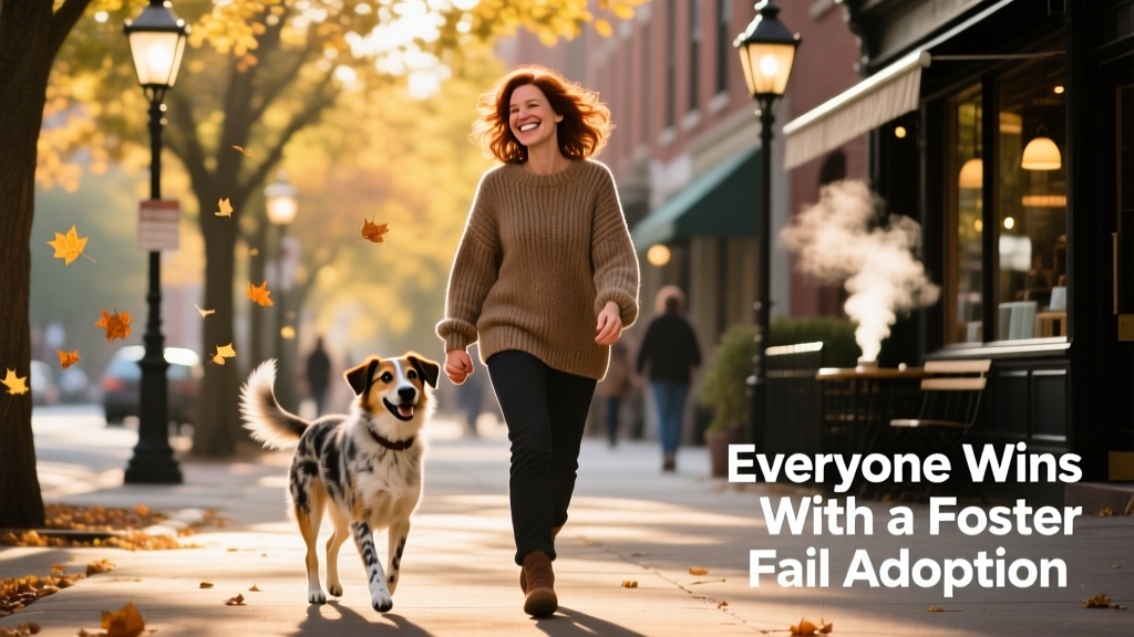 Lindsay and Bertie walking hand-in-paw along a tree-lined city street, both smiling
