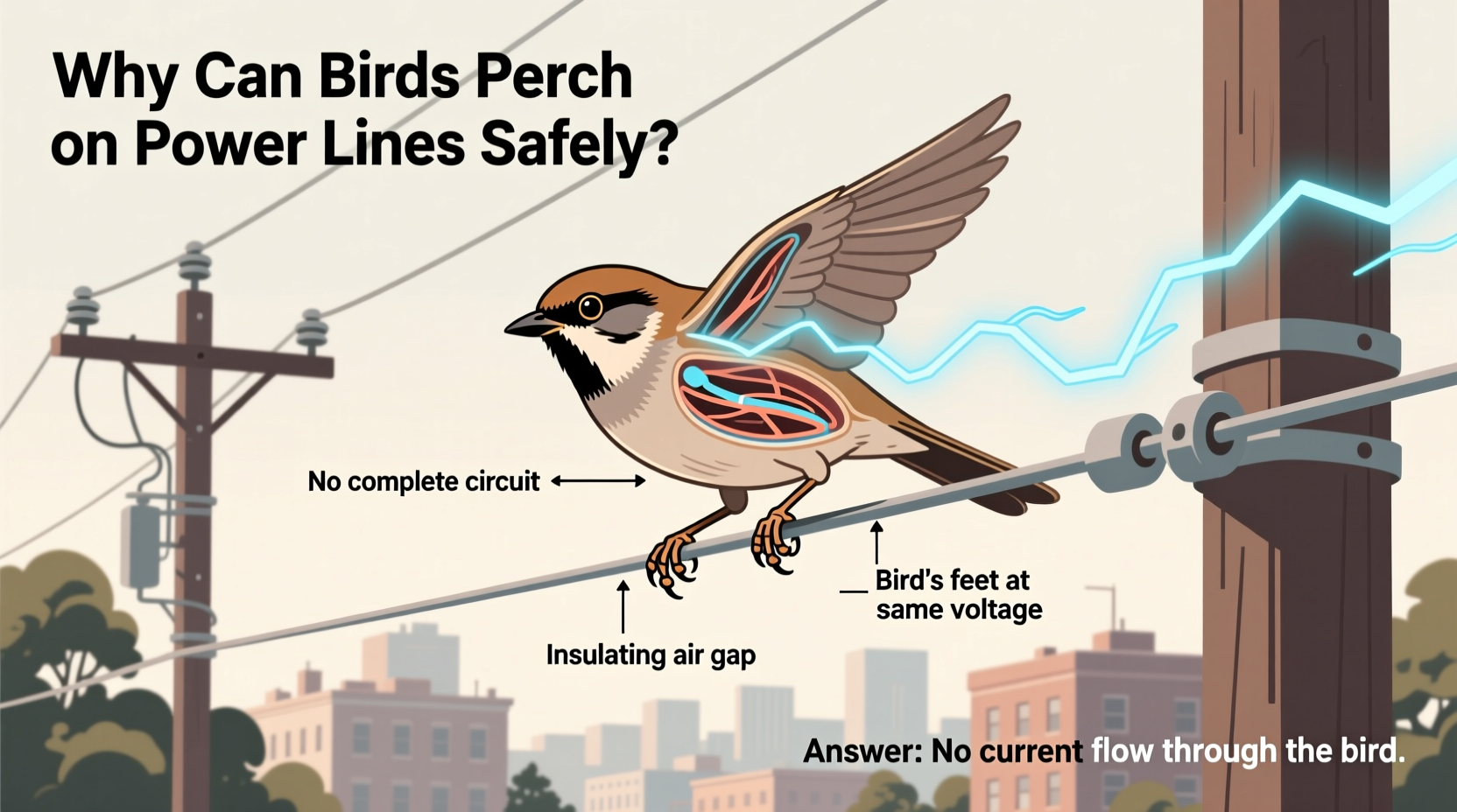 why can birds perch on power lines