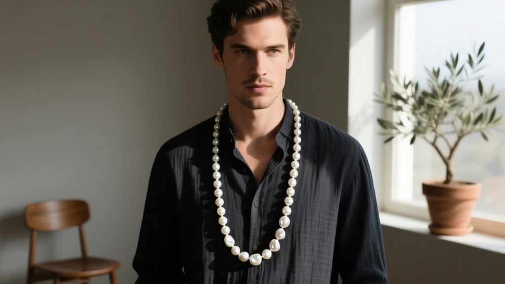 Stylish man in a dark linen shirt wearing a 20-inch strand of 9mm white baroque freshwater pearls in moody natural window light.