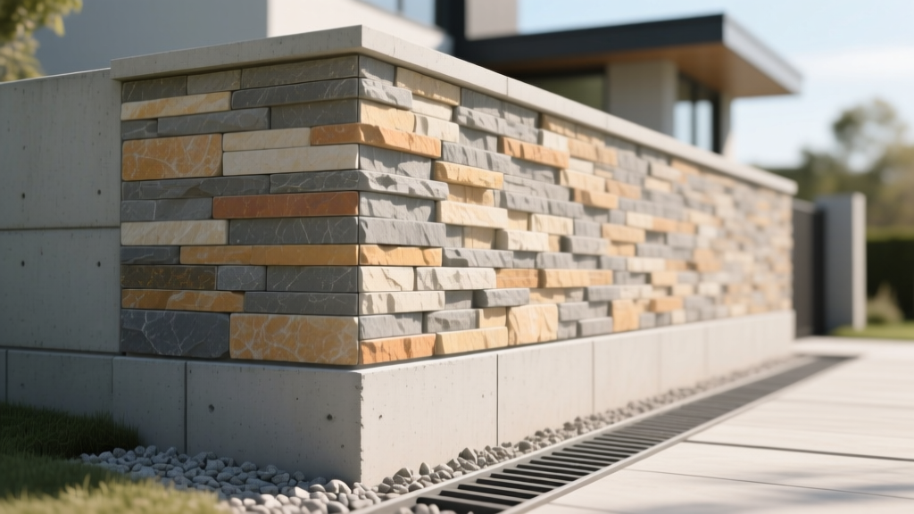 Close-up of a modern retaining wall featuring stacked manufactured stone veneer over a concrete block core, with gravel drainage visible at the base