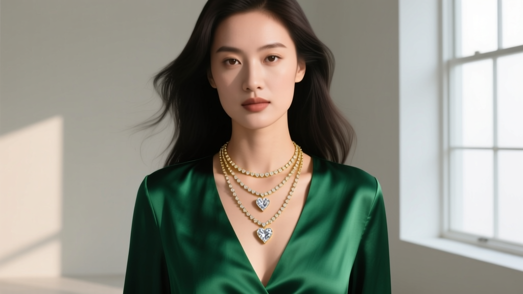Editorial portrait of a woman wearing layered 16-inch and 18-inch gold diamond heart necklaces over a deep V-neck silk blouse indoors.