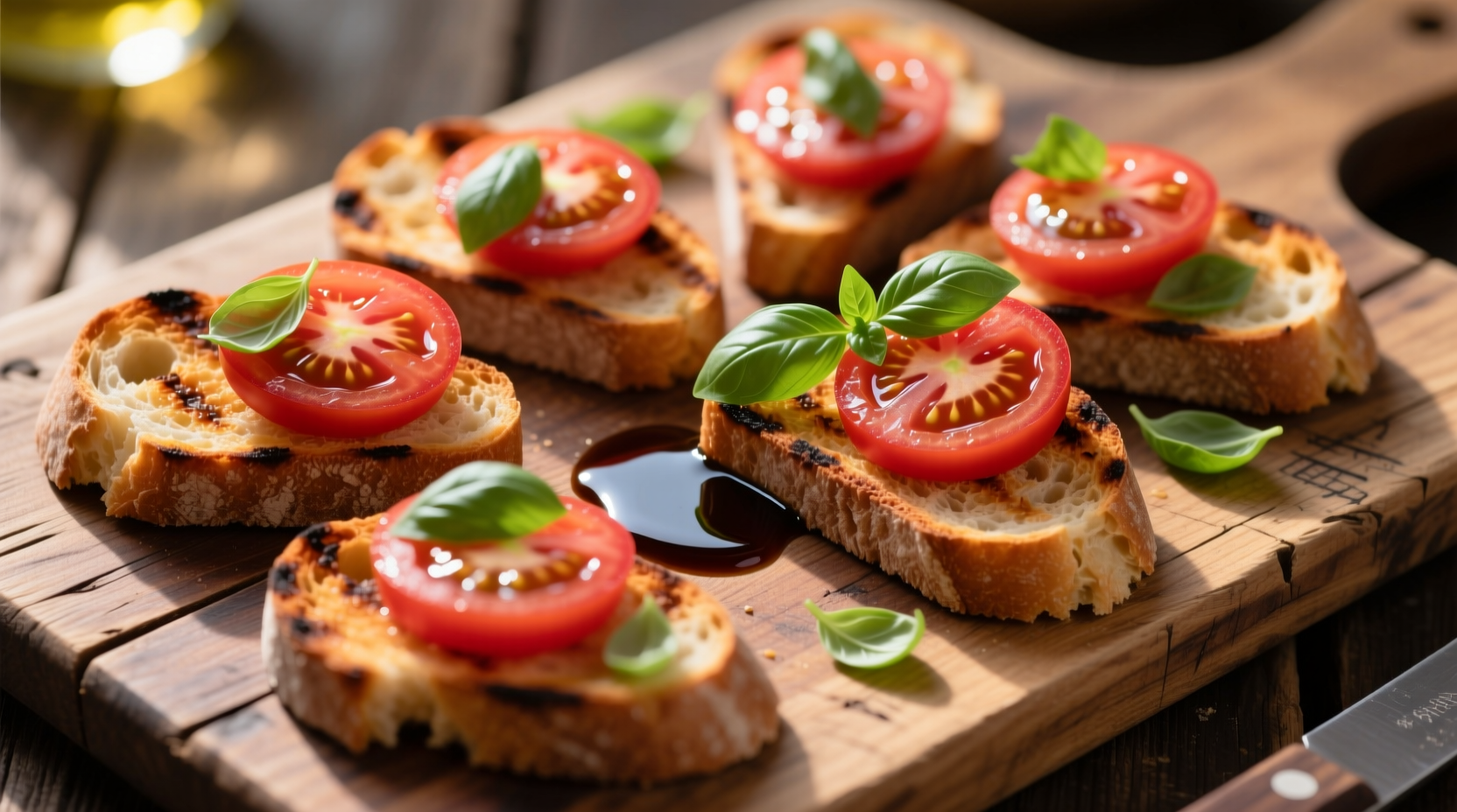 Fresh tomato bruschetta on rustic wooden board