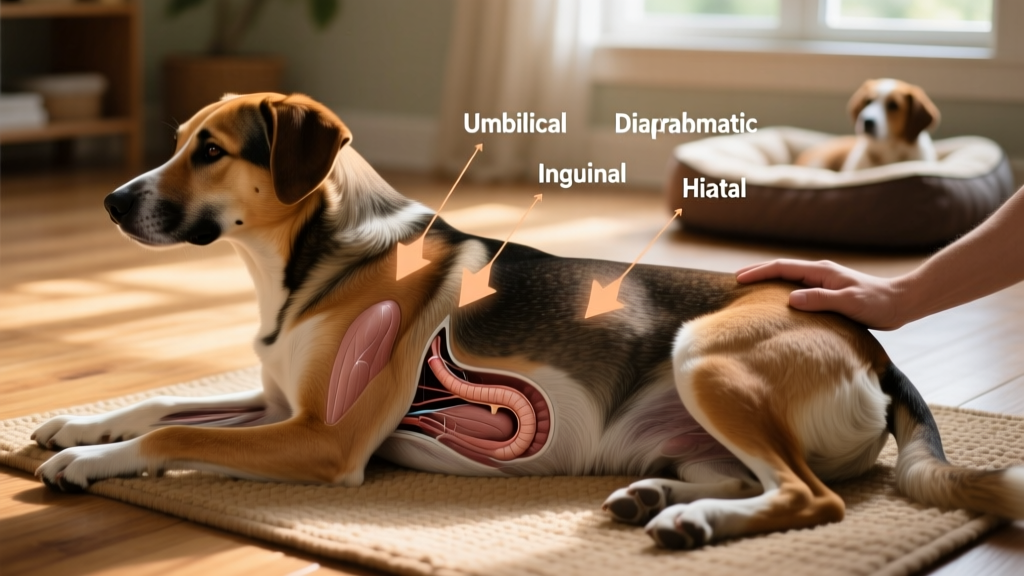 Side-view illustration of a dog's anatomy highlighting common hernia locations: umbilical, inguinal, diaphragmatic, and hiatal