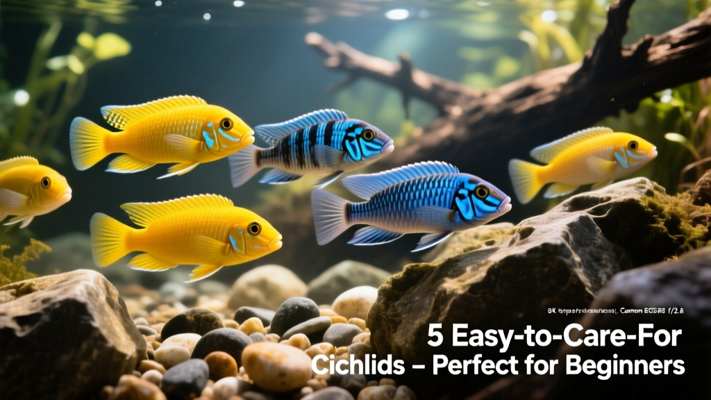 A vibrant group of African cichlids — including yellow labs and electric blues — swimming over rocky aquascape mimicking Lake Malawi