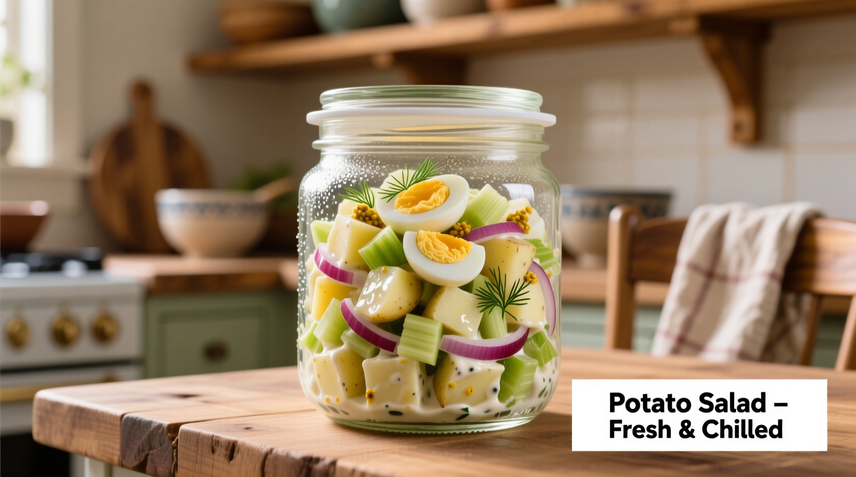 Properly stored potato salad in glass container